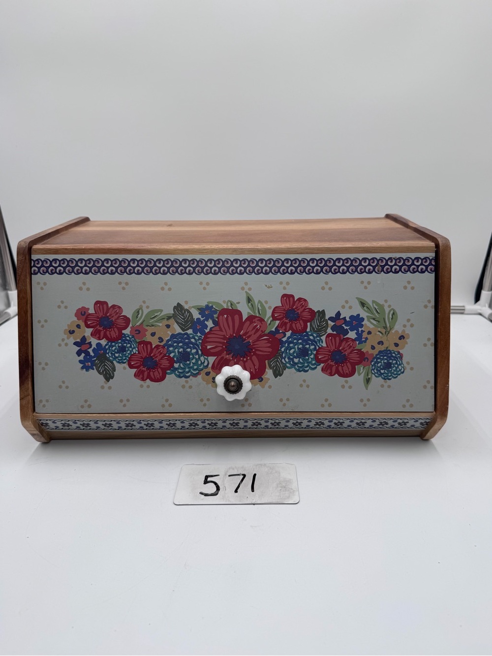 Vintage Wooden Roll Top Bread Box Floral Folk Art Ceramic Knob Cottage Farmhouse